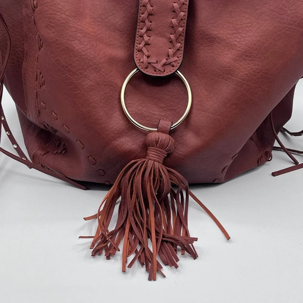 Big Buddha Faux Leather Hobo Bag Brown Boho Ring Tassel Braided Strap Large - Picture 3 of 9